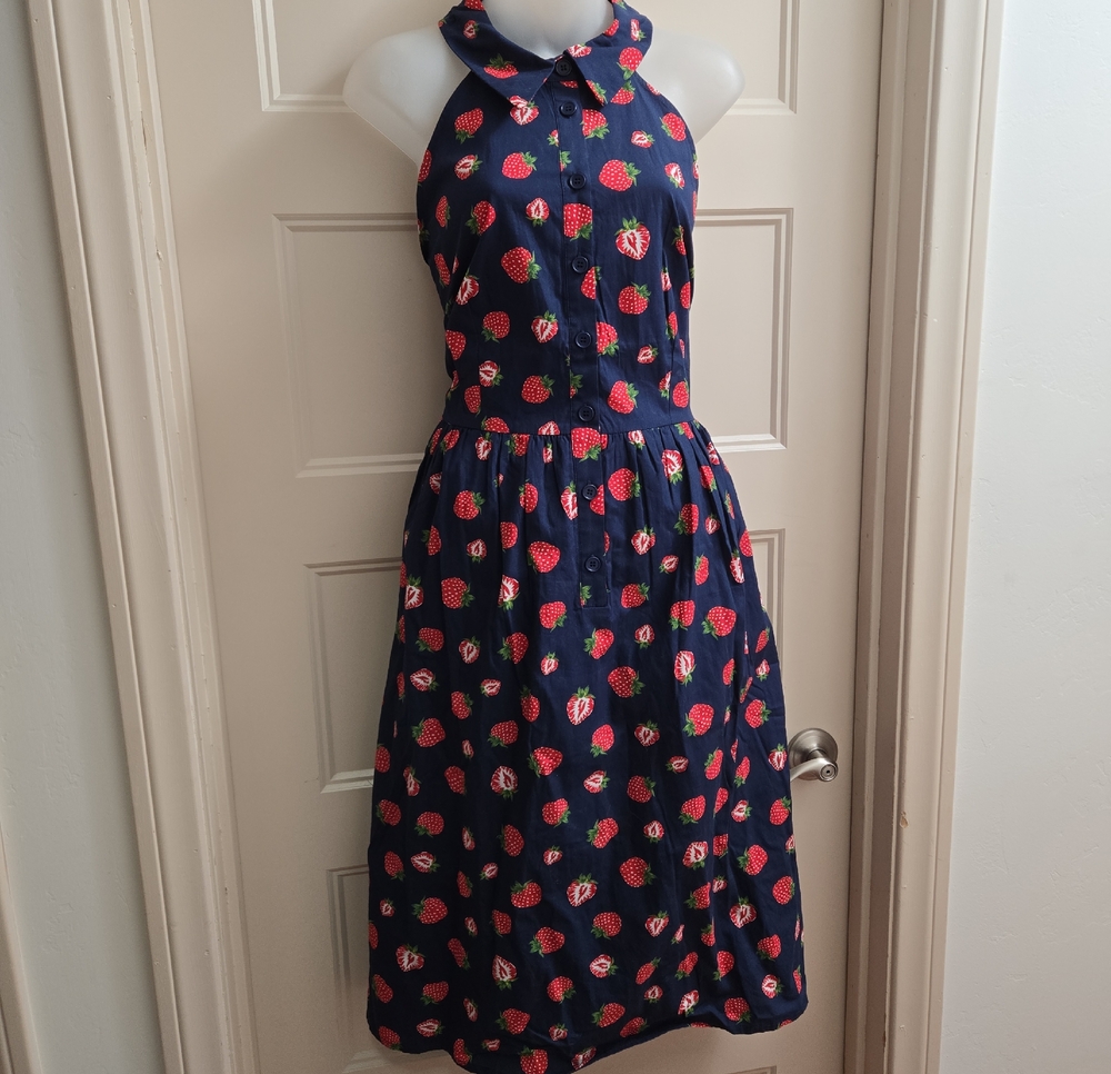 ModCloth Strawberry Print Button-Front Halter Dress